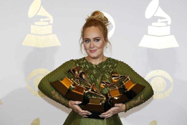 Adele backstage during the 59th Annual Grammy Awards at Staples Center in Los Angeles on Sunday, Feb. 12, 2017.