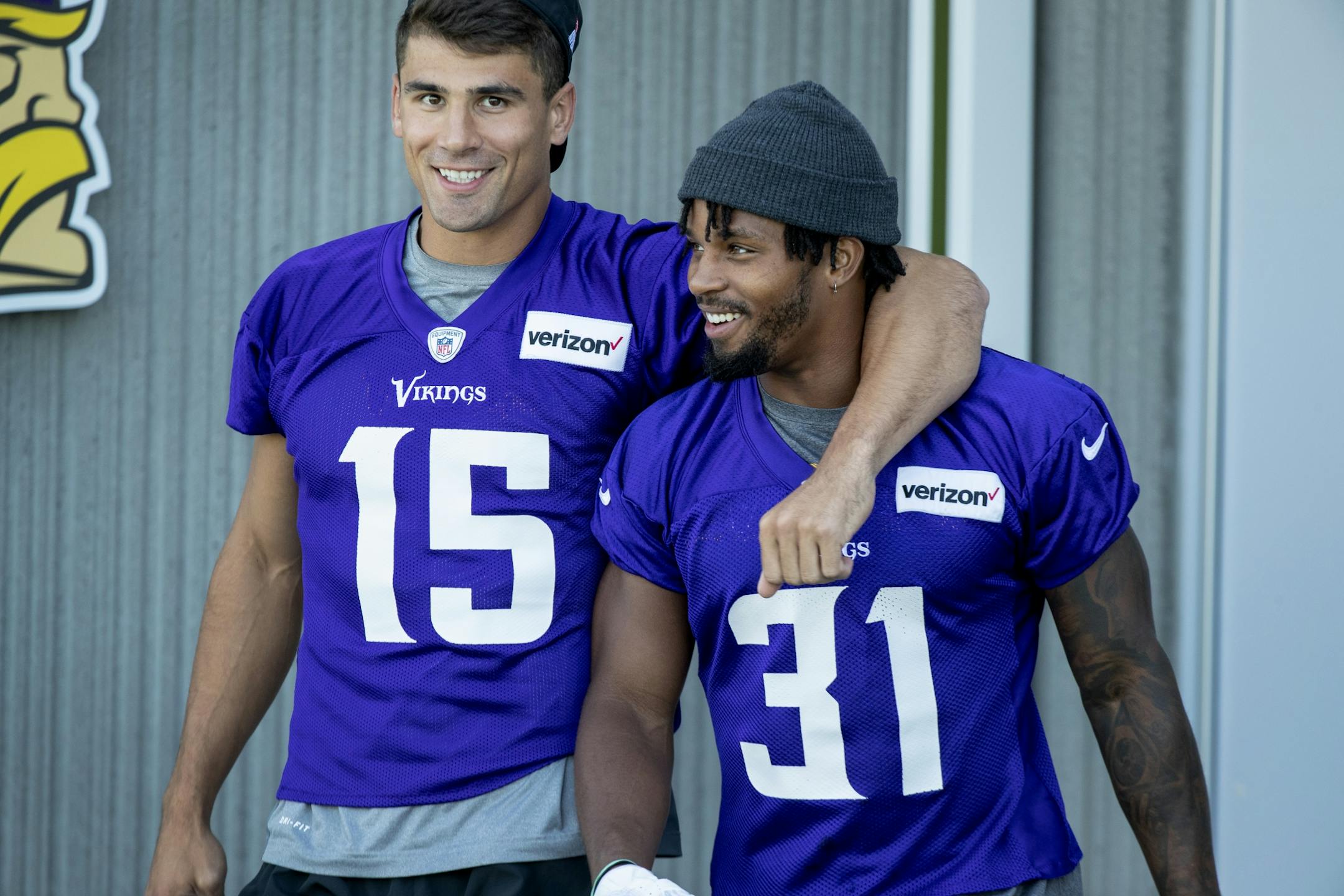Minnesota Vikings Brandon Zylstra (15) and Ameer Abdullah (33) walked out for the morning walk through practice.