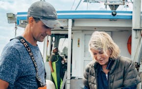 Martha Stewart goes scallop farming with Andrew Peters in Penobscot Bay, Maine, during "Hope in the Water," Andrew Zimmern's docuseries for PBS.