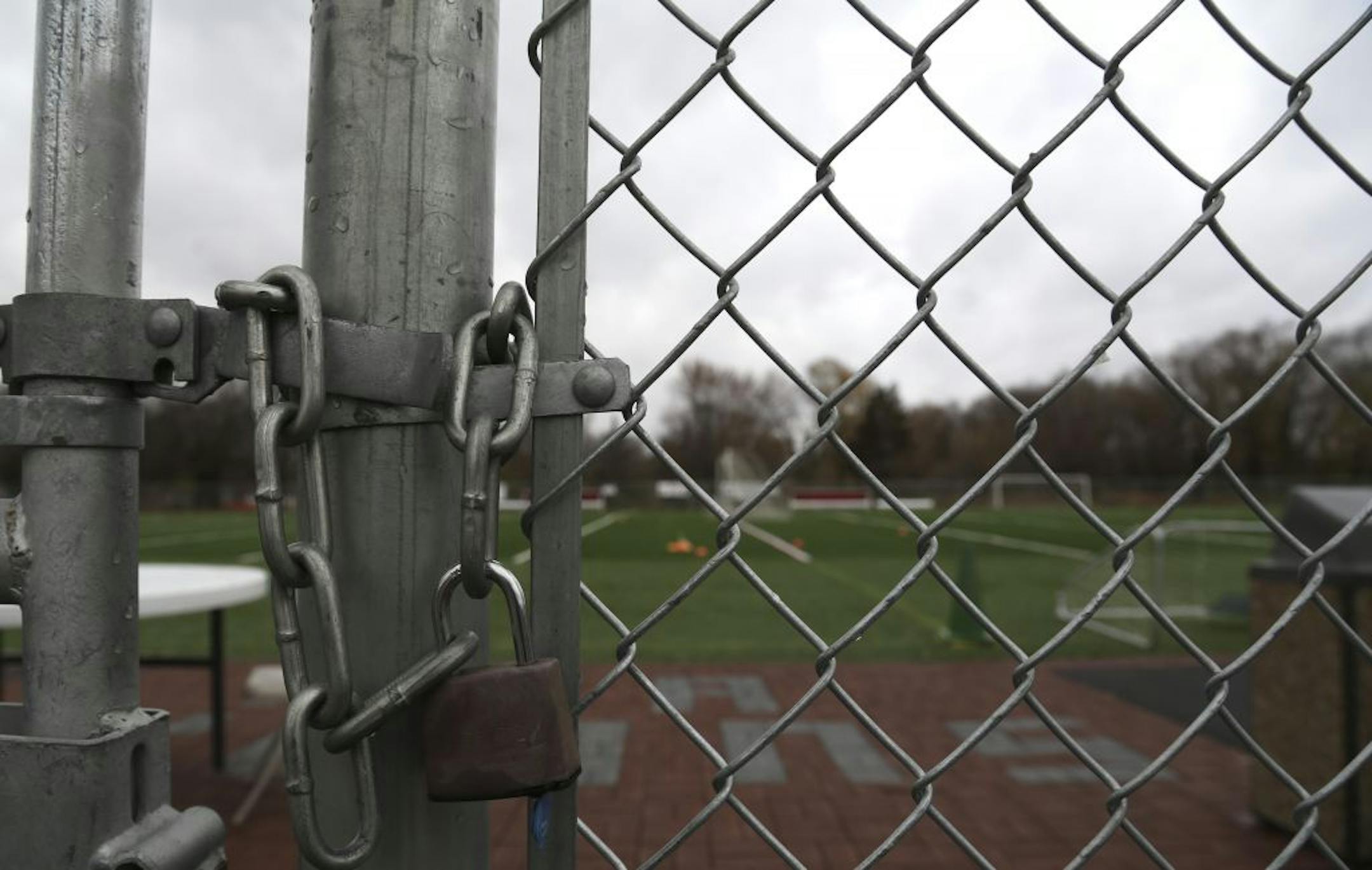 The soccer field was locked and no one was practicing at Prairie Seed Academy in Brooklyn Park Min., Thursday October 25, 2012. The soccer team was disqualified for the state tournament.