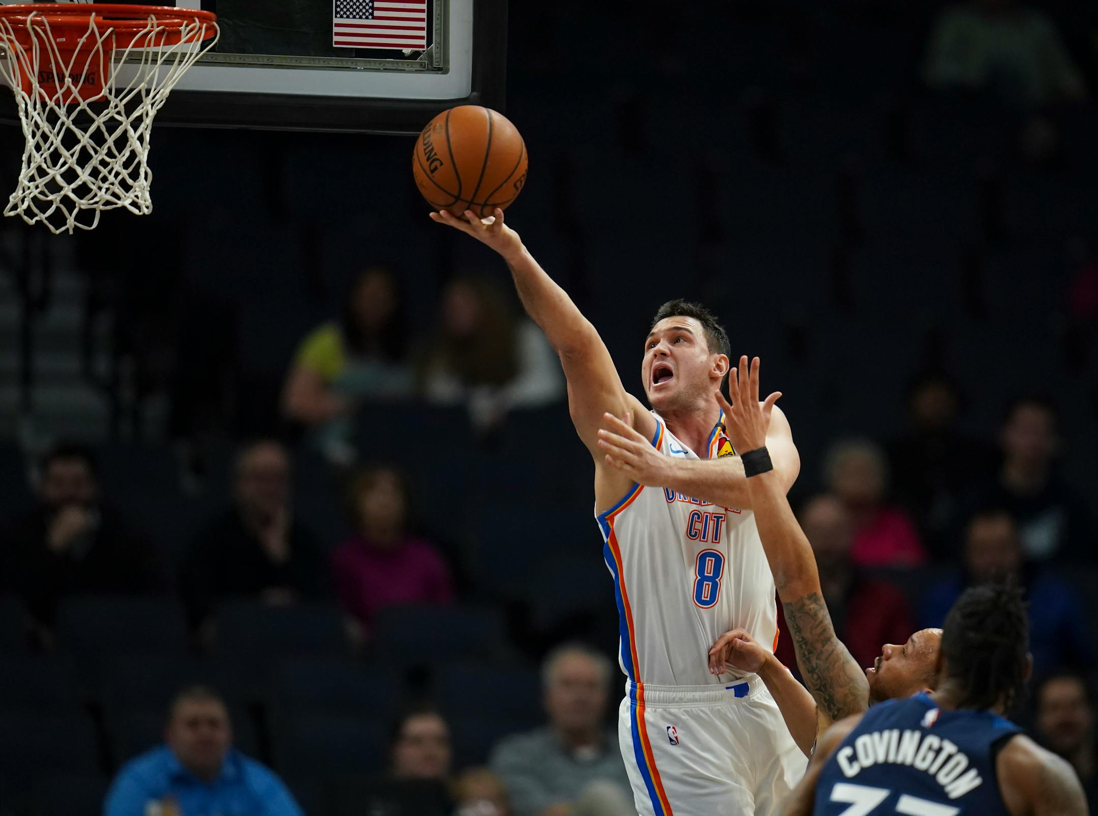 Thunder forward Danilo Gallinari slipped past Wolves guard Shabazz Napier for a first-half shot in Oklahoma City's 117-104 victory Monday. Gallinari led all scorers with 30 points.