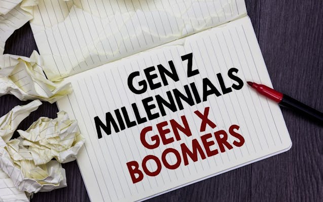 Writing note showing Gen Z Millennials Gen X Boomers. Business photo showcasing Generational differences Old Young people Marker over notebook crumple