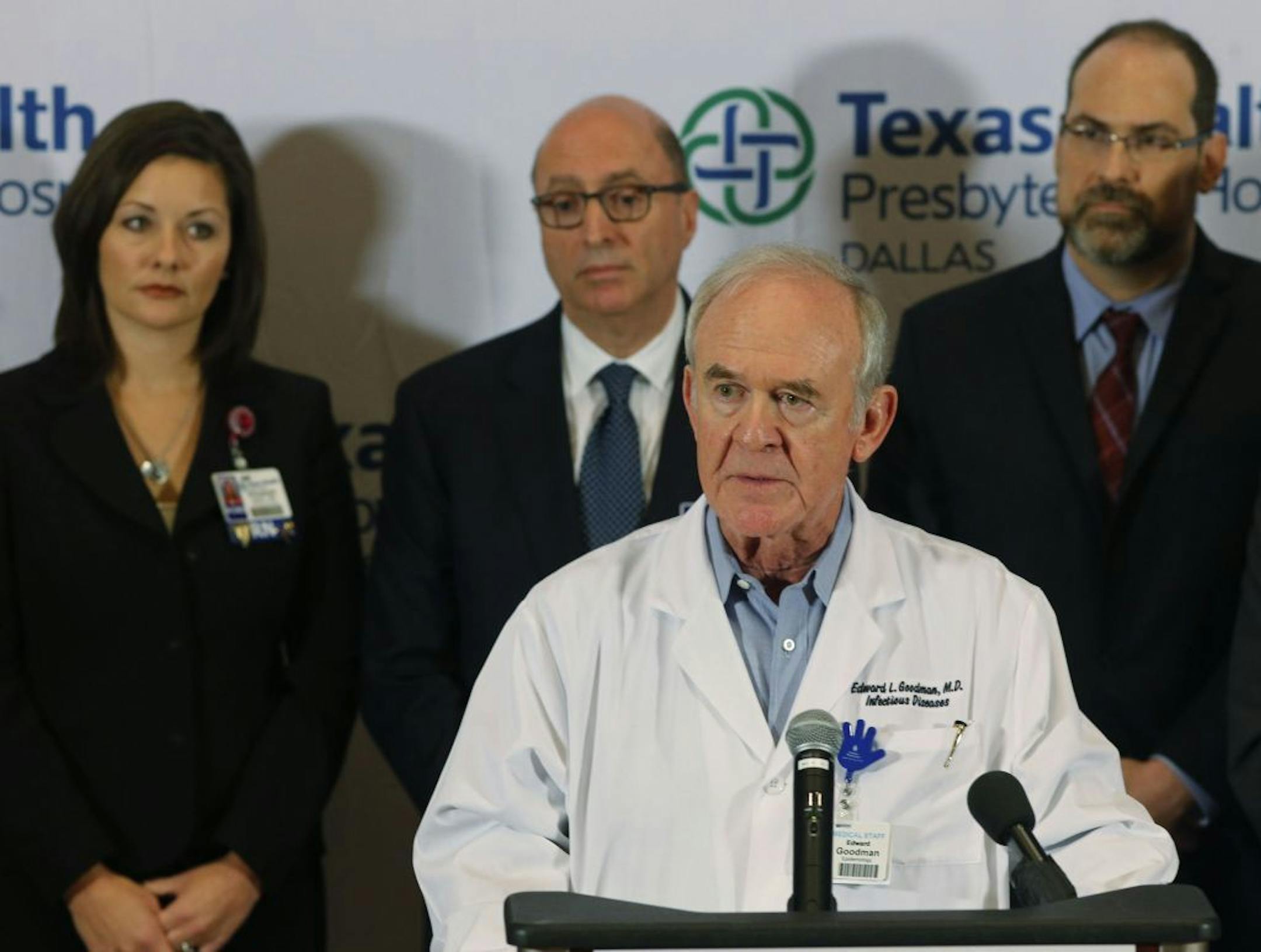 Dr. Edward Goodman, an infectious disease specialist, speaks at a press conference to answer questions about the confirmed Ebola case at Texas Health Presbyterian Hospital Dallas, Wednesday, October 1, 2014.