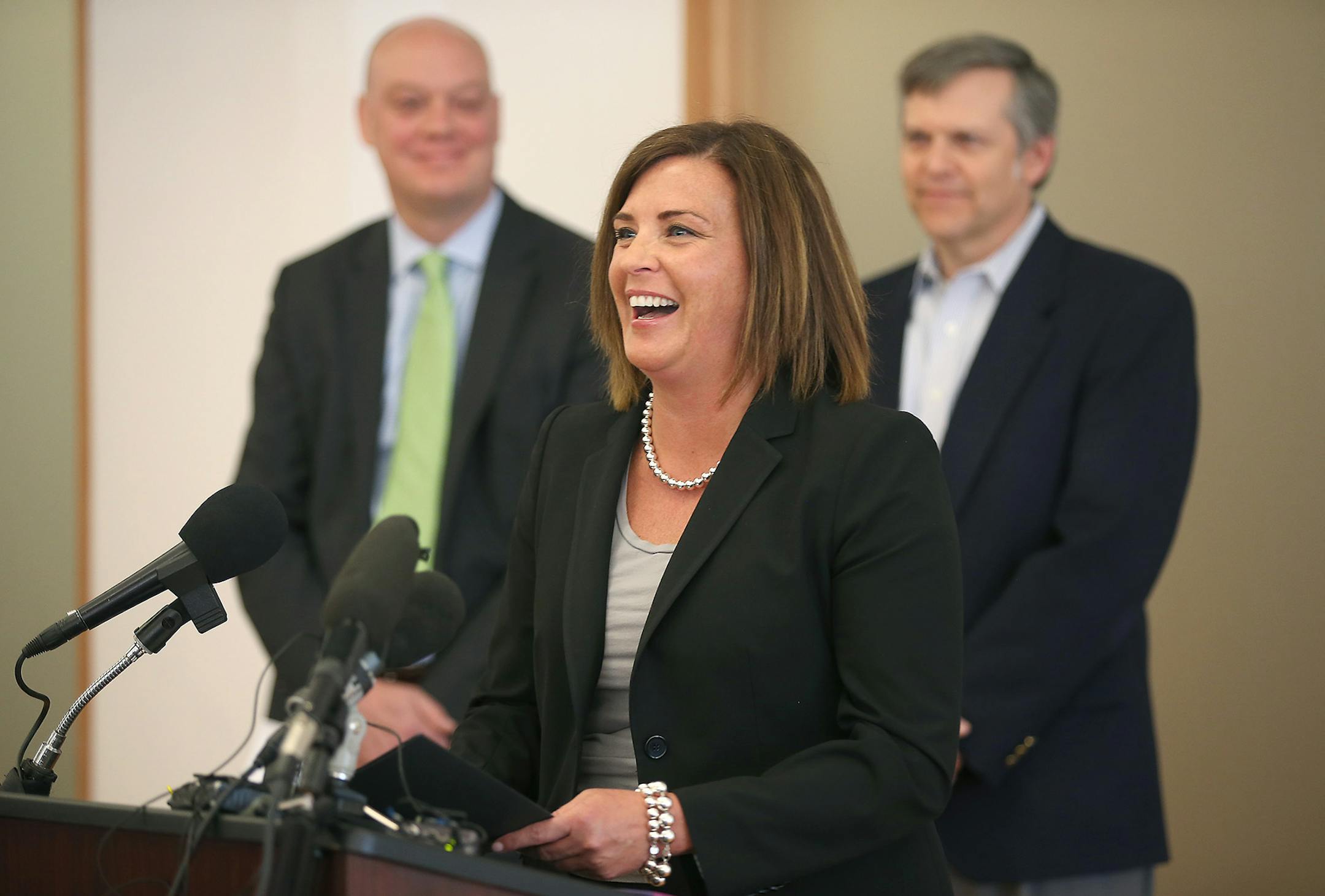 Allison O'Toole, newly appointed Interim Chief Executive Officer, address the media after the announcement of CEO Scott Leitz's resignation during a news conference Monday, May 4, 2015, in St. Paul, Minn.