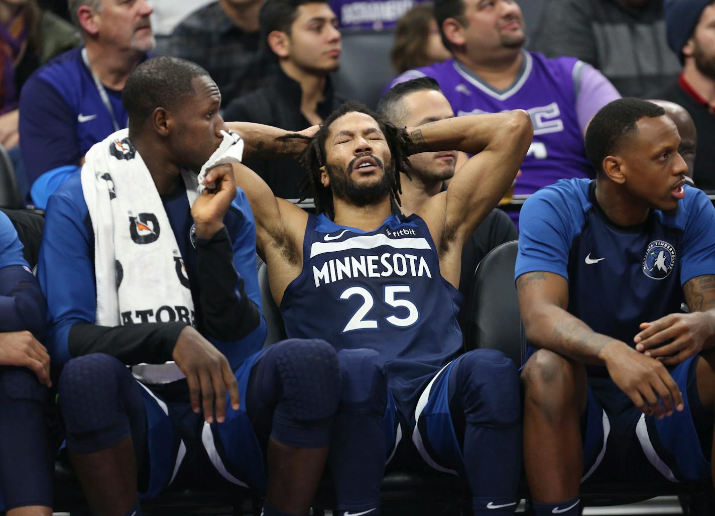 Minnesota Timberwolves guard Derrick Rose (25) sits on the bench late in the second half of the team's NBA basketball game against the Sacramento Kings in Sacramento, Calif., Friday, Nov. 9, 2018. The Kings won 121-110. (AP Photo/Steve Yeater)