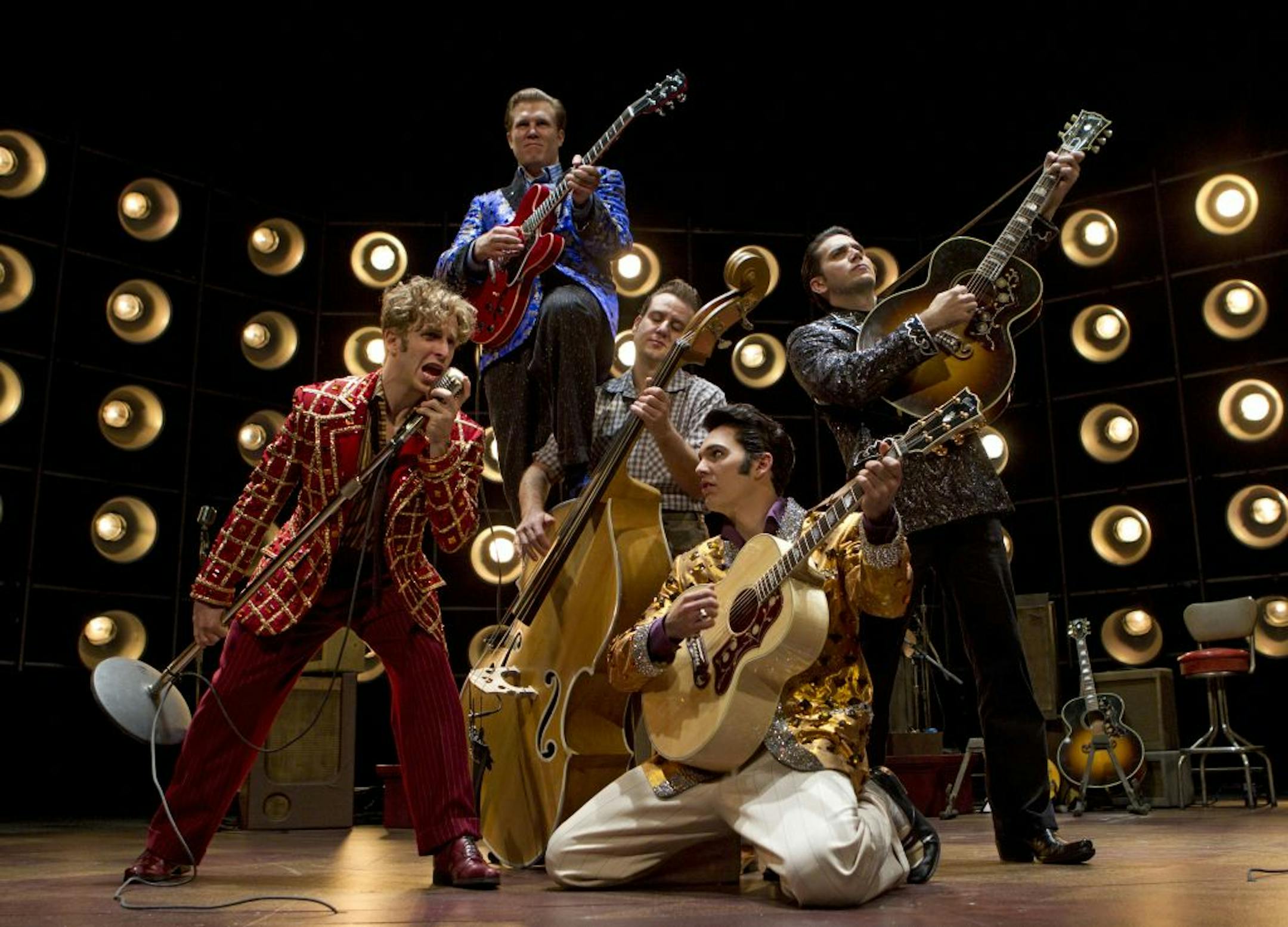 Martin Kaye as Jerry Lee Lewis, Lee Ferris as Carl Perkins, Chuck Zayas as bass player Jay Perkins, Cody Slaughter as Elvis Presley and Derek Keeling as Johnny Cash in "The Million Dollar Quartet."