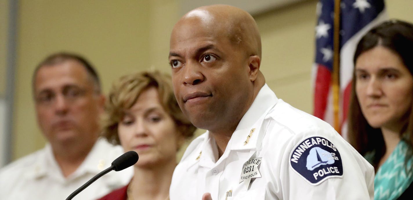 FILE - In this July 26, 2017, file photo, Acting Police Chief Medaria Arradondo speaks at a news conference in Minneapolis. City Council members voted unanimously Friday, Aug. 18, 2017, to confirm Arradondo as the city's new police chief after his predecessor was ousted following an officer's fatal shooting of a 911 caller. Arradondo replaces Janee Harteau, who resigned at Mayor Betsy Hodges' request following the July 15 shooting of Justine Damond. (David Joles /Star Tribune via AP, File) ORG X