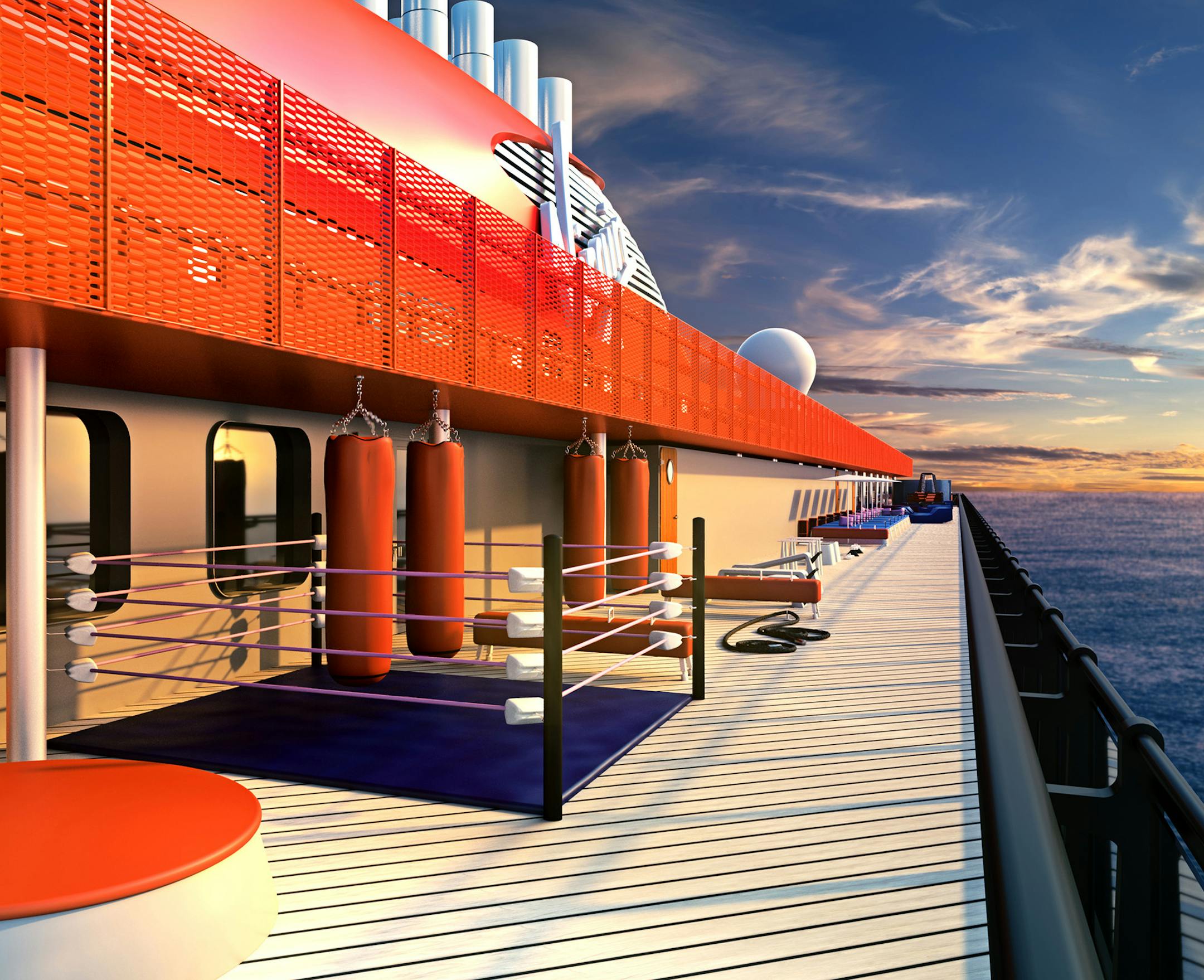The boxing ring is among several new athletic features available on Virgin Voyages' coming Scarlet Lady ship, sailing from PortMiami in 2020. (Virgin Voyages)