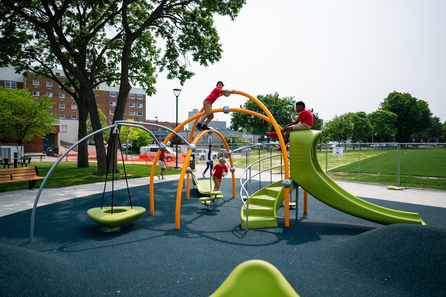 Hope Academy student Cesar Cadalso surveyed the new playground at the renovated Peavey Park at Franklin and Chicago avenues in south Minneapolis in May 2019.