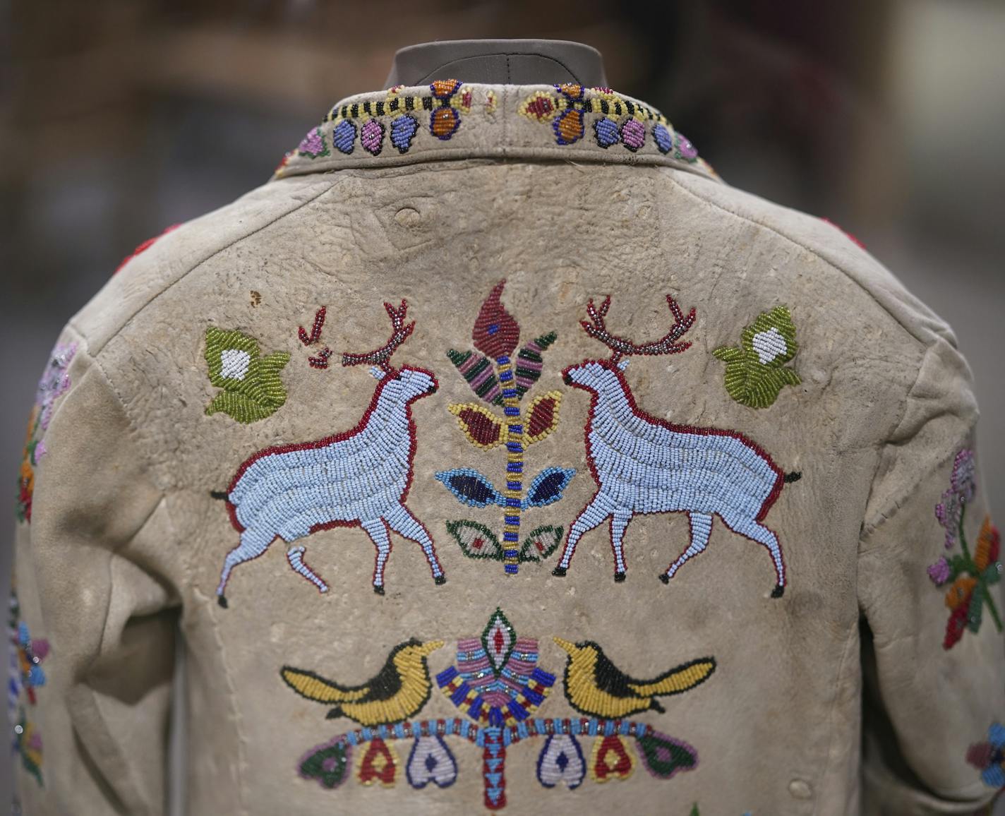 Detail of the beaded back of a child's floral jacket made by a Dakota artist in the late 1800's. ] JEFF WHEELER &#x2022; Jeff.Wheeler@startribune.com The ambitious exhibition "Our Home: Native Minnesota" opening Saturday at the Minnesota History Center charts the historical and contemporary connections and history that Dakota and Ojibwe have to this region. The exhibit was photographed ahead of the opening Monday, December 2, 2019 at the museum in St. Paul.