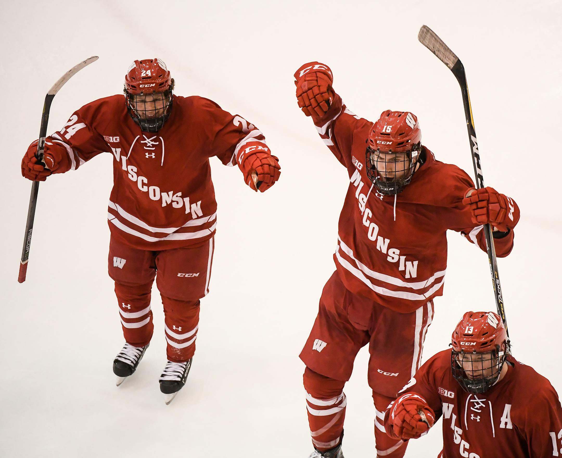 Wisconsin players, including forward Sean Dhooghe (24), forward Matthew Freytag (15) and forward Ryan Wagner (13), celebrated a third period goal by forward Trent Frederic in Friday night's game.