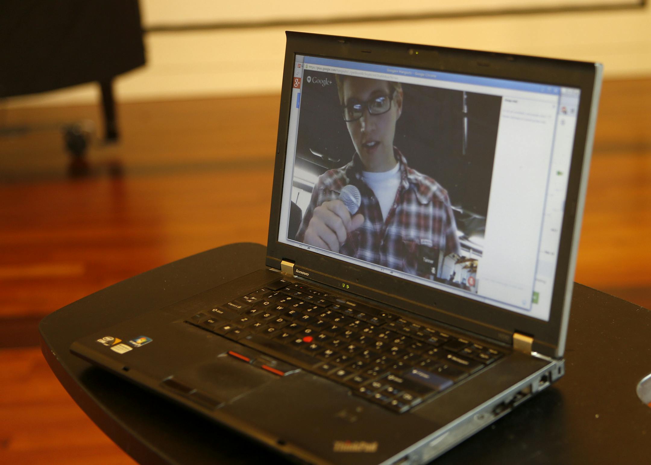 Tanner Upthegrove, from the Institute for Creativity, Arts, and Technology at Virginia Tech, talks to Chris Chafe, not pictured, director of the Center for Computer Research in Music and Acoustics at Stanford University, at The Knoll building on the Stanford campus in Stanford, Calif., on November 17, 2014. (Nhat V. Meyer/Bay Area News Group/TNS)