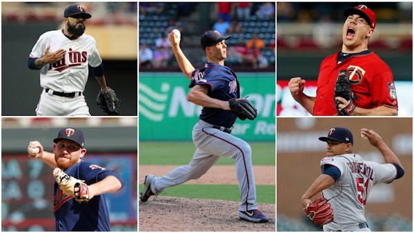 Clockwise from top left: Sergio Romo, Taylor Rogers, Trevor May, Brusdar Graterol and Zack Littell have helped transform the Twins bullpen.