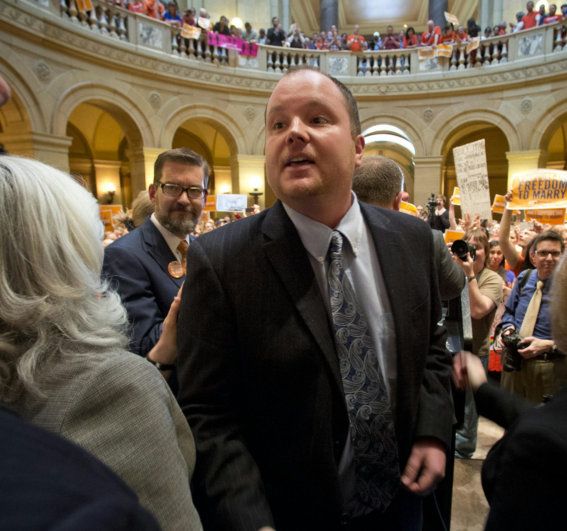 Republican Senator Branden Peterson was welcomed on the victory celebration stage. So far he is the lone Republican Senator in support of the bill which comes to the Senate Monday. . Thursday, May 9, 2013. ] GLEN STUBBE * gstubbe@startribune.com ORG XMIT: MIN1305101614470568