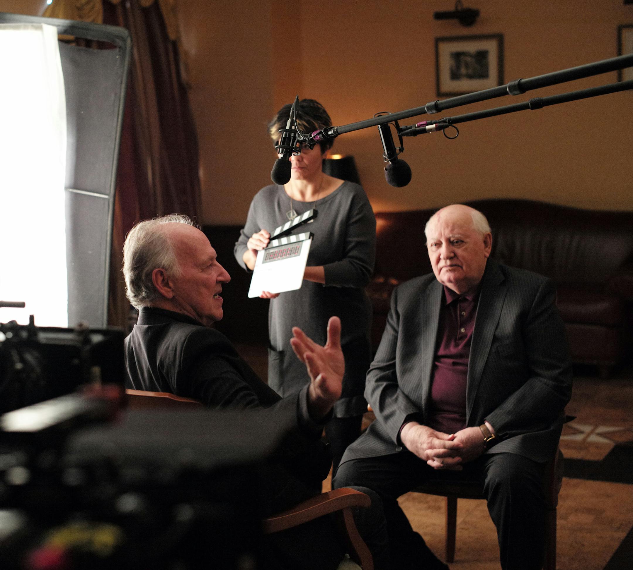 Director Werner Herzog, left, and Mikhail Gorbachev in the documentary "Meeting Gorbachev."