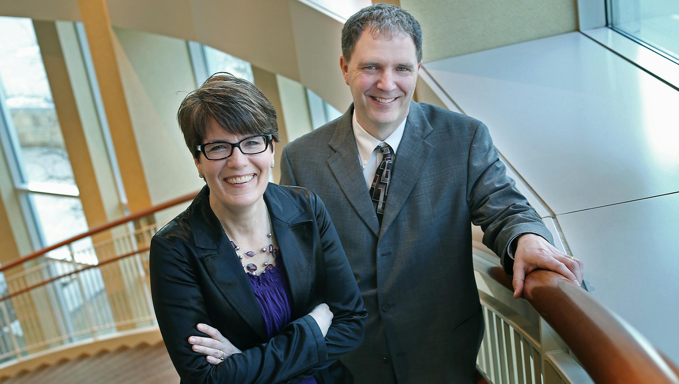 Carleen Kerttula, Director of Program Innovation, left, and John Olson, Professor and Faculty Director for the Business Analytics program, Thursday, March 17, 2016 at St. Thomas University in downtown Minneapolis, MN. As a response to changing business demands, the Opus College of Business at the University of St. Thomas has reconfigured its options for students offering specialized degrees in business analytics and health care communication as well as giving more access to additional classes to