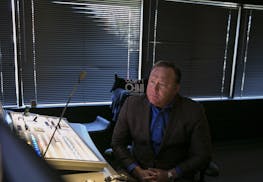 FILE -- Alex Jones, the right-wing conspiracy theorist, in his control room in Austin, Feb. 17, 2017. In a friend of the court brief, six free speech 