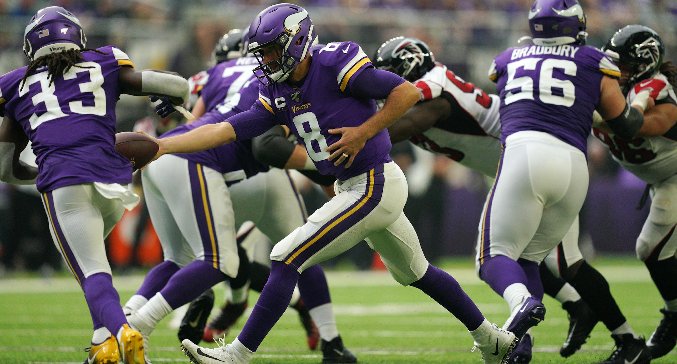 Minnesota Vikings quarterback Kirk Cousins (8) made the handoff to Minnesota Vikings running back Dalvin Cook (33) in the first half. ] ANTHONY SOUFFLE &#x2022; anthony.souffle@startribune.com The Minnesota Vikings played the Atlanta Falcons in their NFL season opener Sunday, Sept. 8, 2019 at U.S. Bank Stadium in Minneapolis.