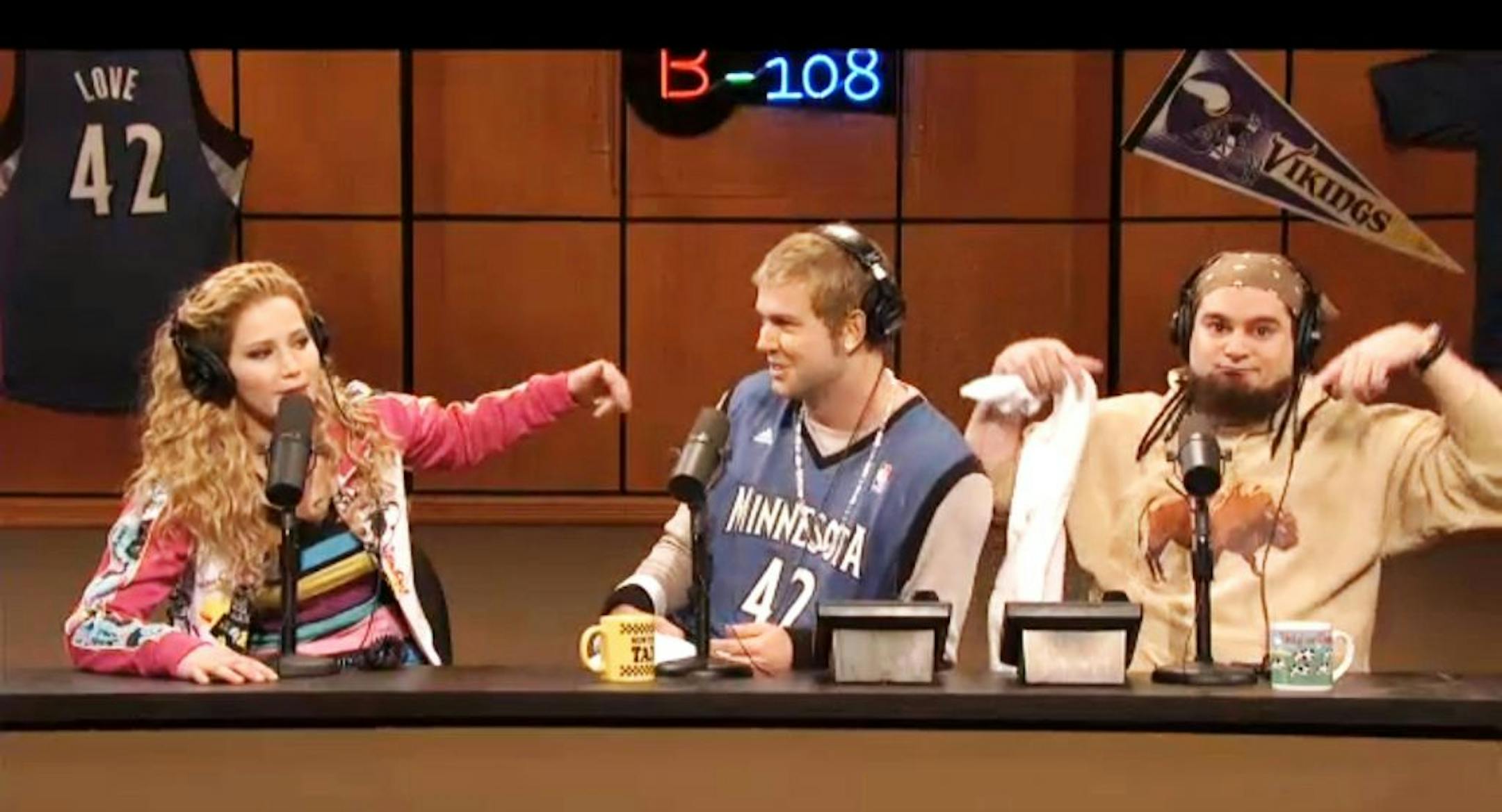 Oscar nominee Jennifer Lawrence and "Saturday Night Live" cast members Taran Killam and Bobby Moynihan pretended to broadcast from Shakopee in a sketch broadcast earlier this month.