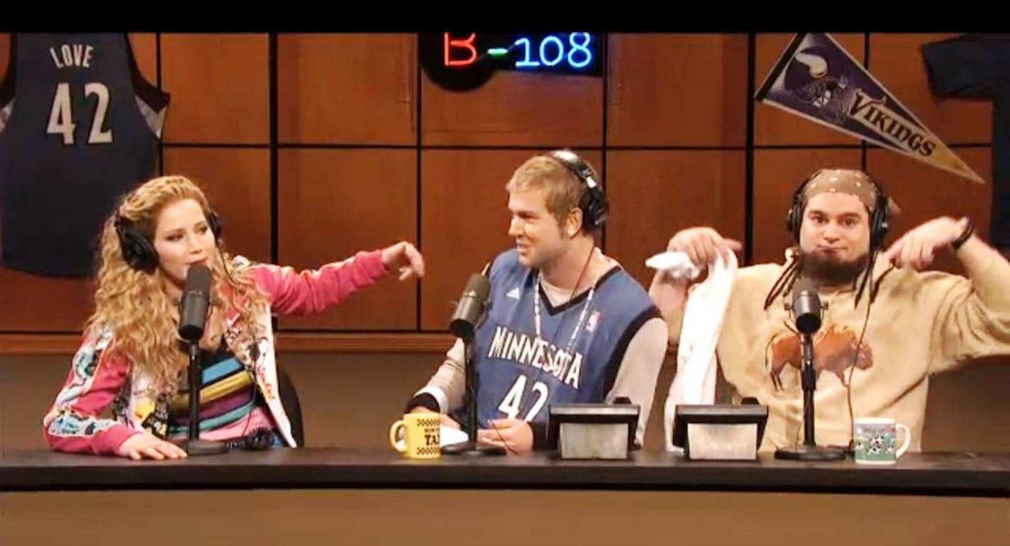 Oscar nominee Jennifer Lawrence and "Saturday Night Live" cast members Taran Killam and Bobby Moynihan pretended to broadcast from Shakopee in a sketch broadcast earlier this month.