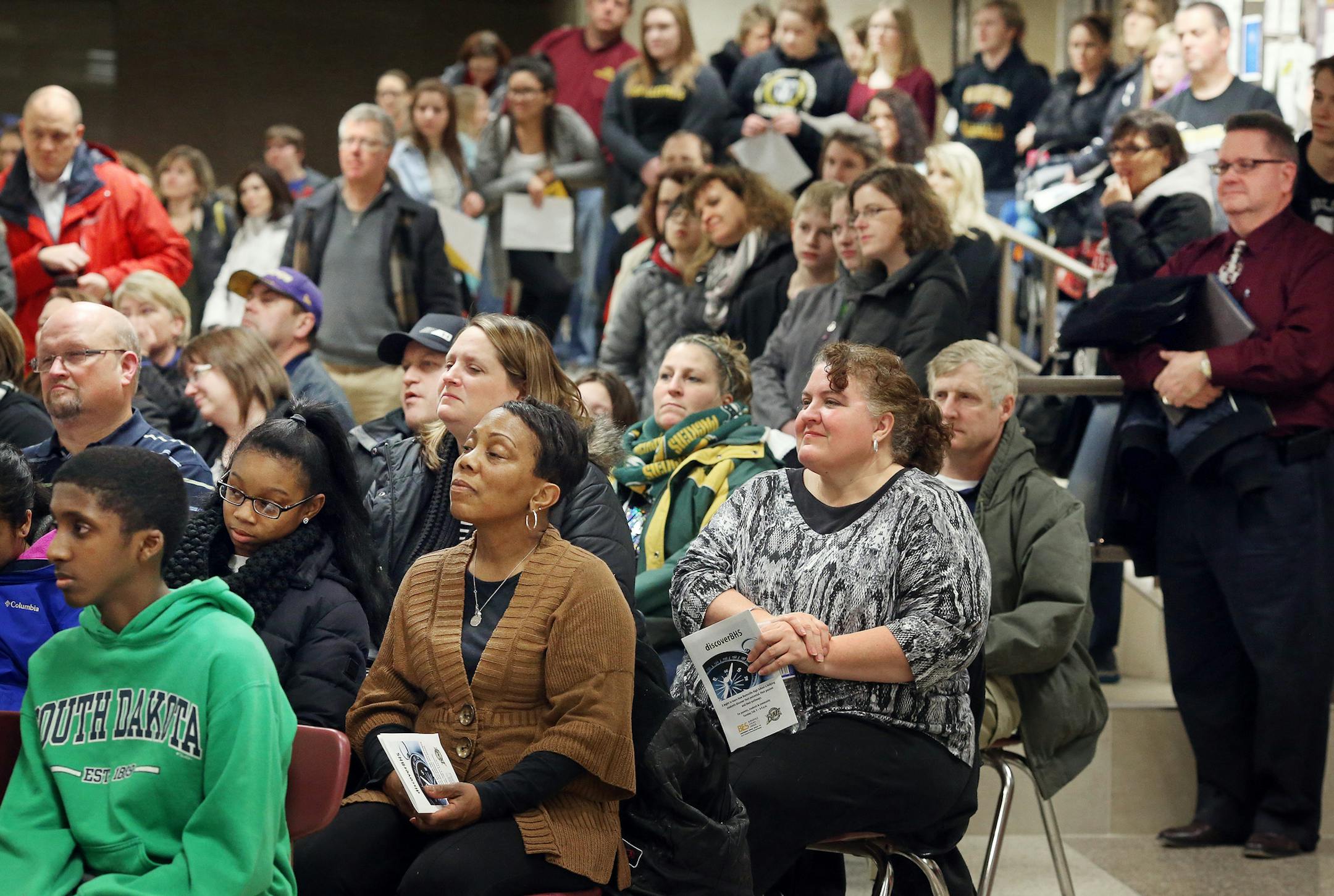 Parents and students gather for information to prepare for next years ninth and 10th graders at Burnsville High School Tuesday Feb 09, 2016 in Burnsville, MN. ] A big transition is in store for the Burnsville-Eagan-Savage district in 2016-17 as they move to 6-8 middle and 9-12 high school grade configurations, matching most metro-area districts. Jerry Holt/Jerry.Holt@Startribune.com