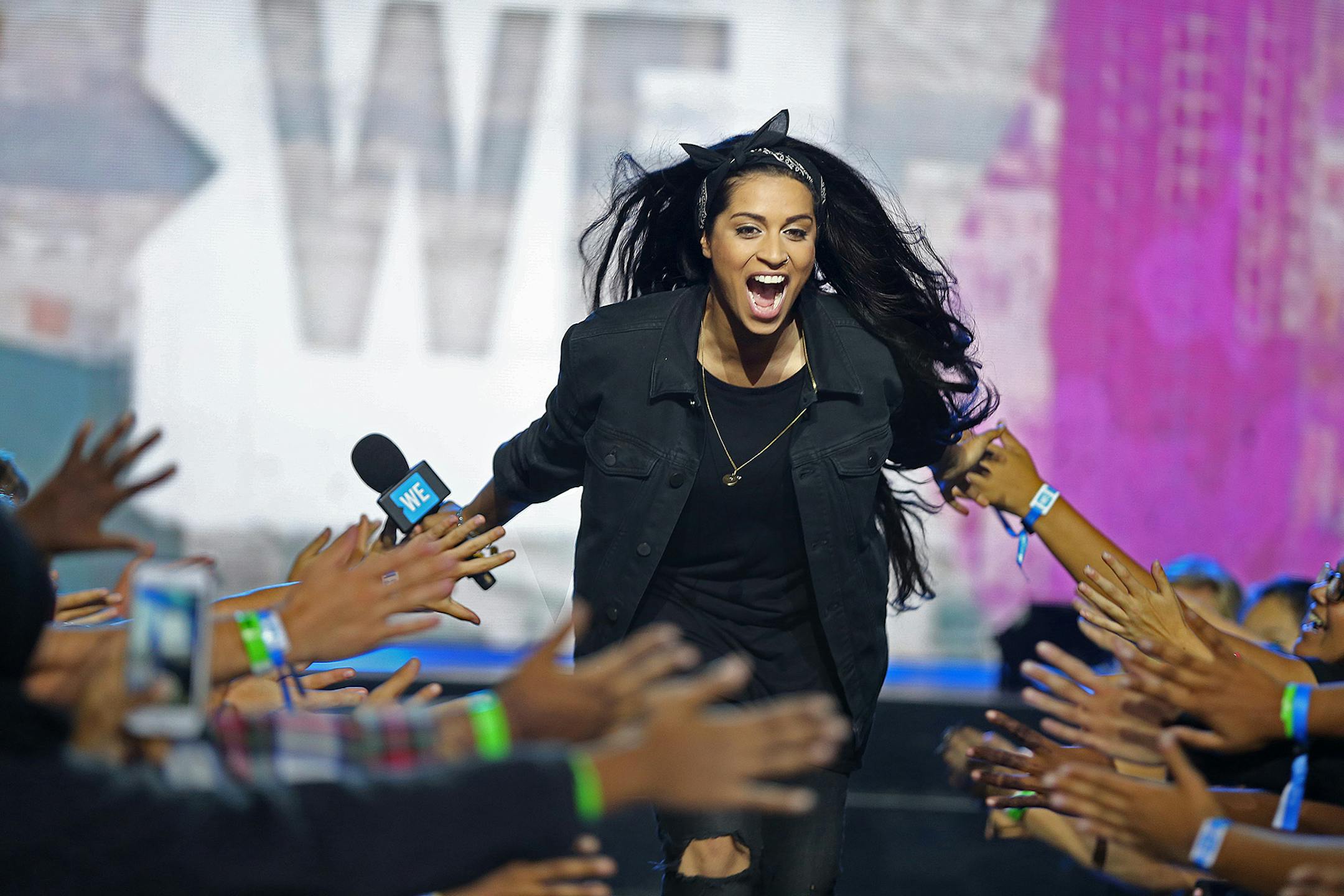 Lilly Singh, comedian, actress and YouTube sensation, made her way to center stage before addressing nearly 20,000 Minnesota schoolchildren who packed into the Xcel Energy Center for the Fourth Annual We Day event, Tuesday, September 20, 2016 in St. Paul, MN. This year's headliner was singer-songwriter, dancer, choreographer, actress and television personality Paula Abdul. ] (ELIZABETH FLORES/STAR TRIBUNE) ELIZABETH FLORES • eflores@startribune.com