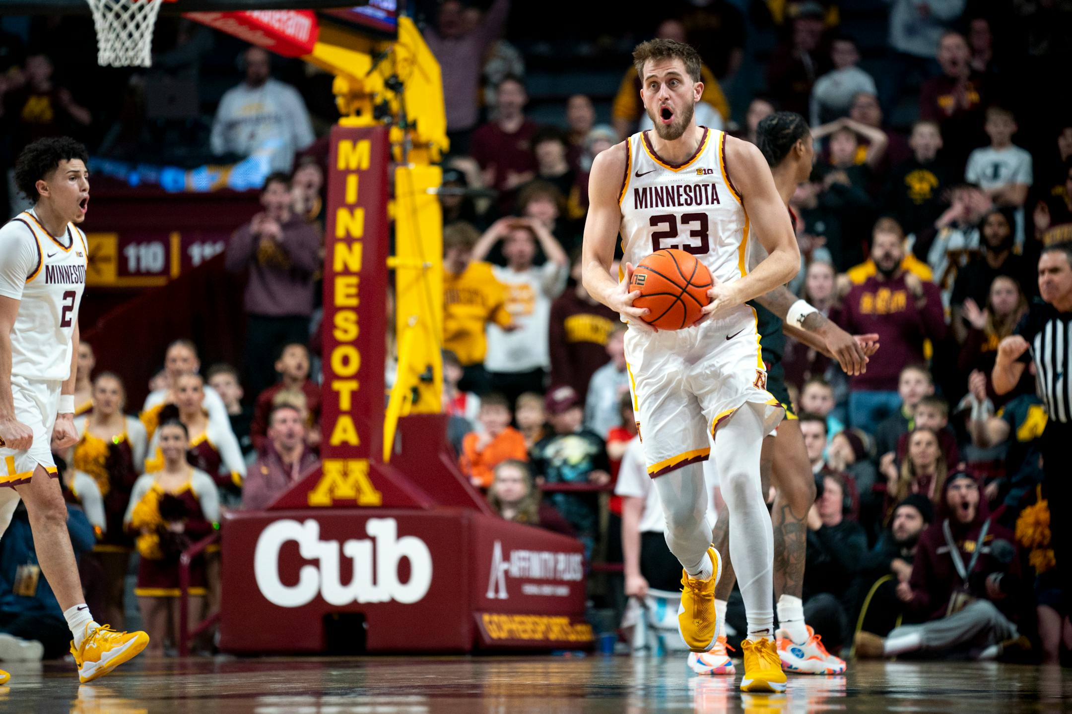 Minnesota forward Parker Fox (23) is shocked after a turnover right after the Gophers regained the lead in the second half of the basketball game against the Maryland Terrapins in the Williams Arena on Sunday, Jan. 7, 2024 in Minneapolis, Minn. ] Angelina Katsanis • angelina.katsanis@startribune.com