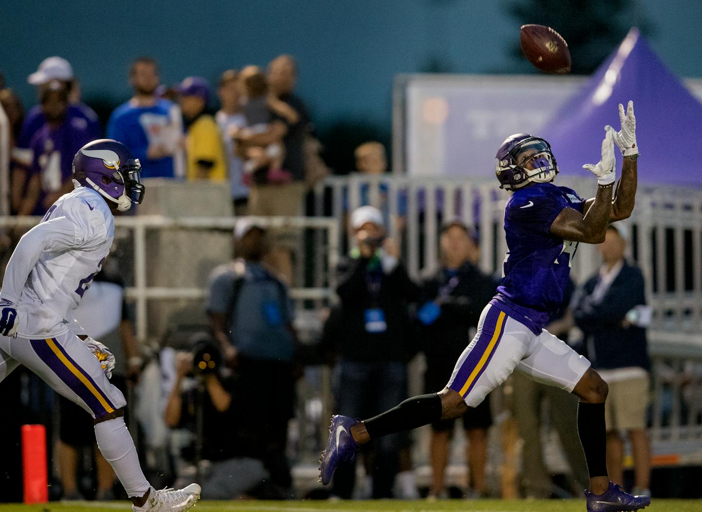 Stefon Diggs caught a pass while being covered by Xavier Rhodes during training camp last season. On Tuesday, Diggs and Rhodes had several dust-ups particularly after Diggs caught a TD pass.