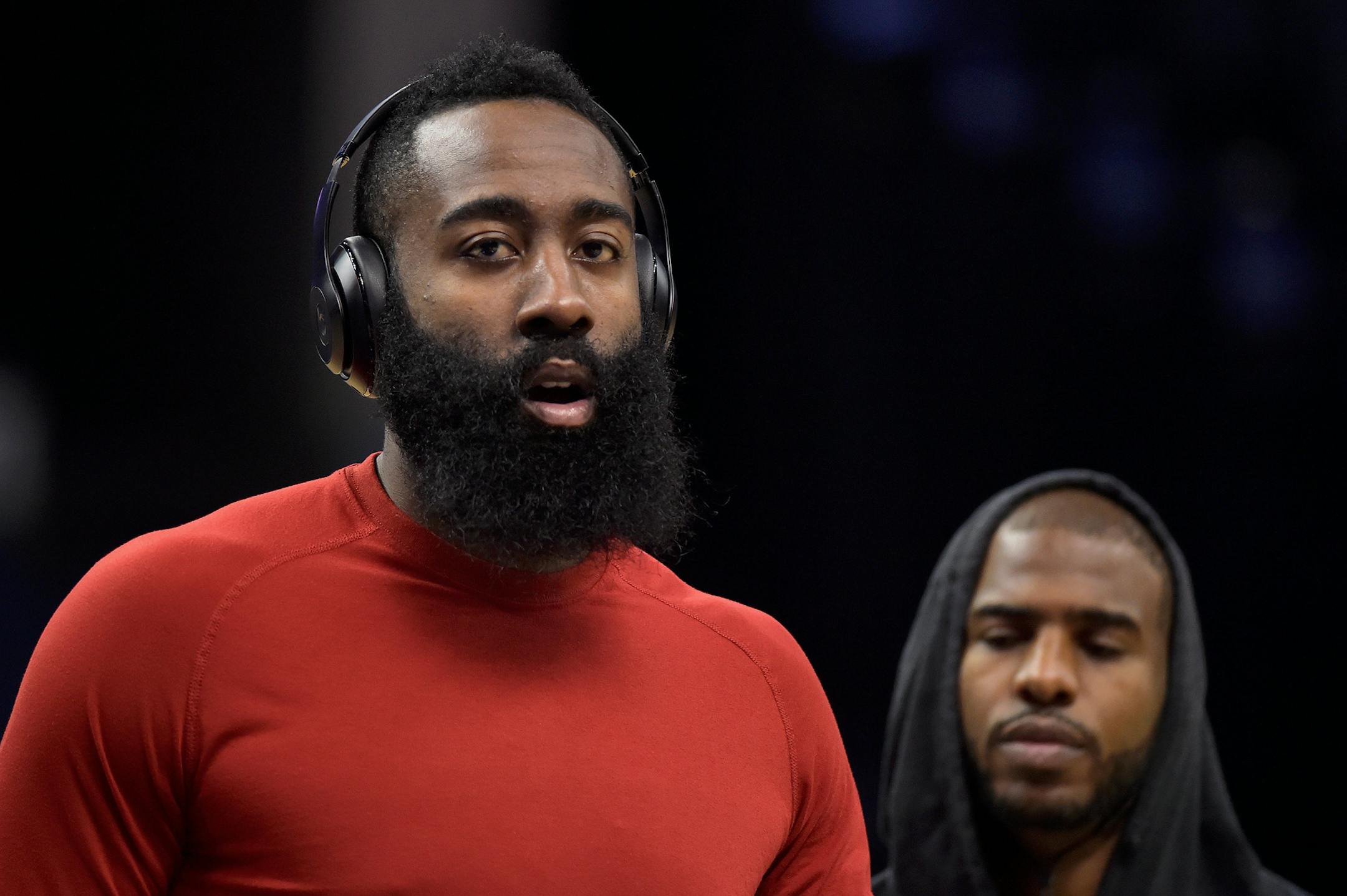 In this Nov. 18, 2017 photo, Houston Rockets guards James Harden, left, and Chris Paul warm up before and NBA basketball game against the Memphis Grizzlies in Memphis, Tenn. Chris Paul has a long history of playoff heartbreak. So does James Harden. And coach Mike DíAntoni has more than either of them combined. Separately, theyíve never gotten it done at playoff time. Together, their fortunes might change. Theyíve led the Houston Rockets to the NBAís best record going into the