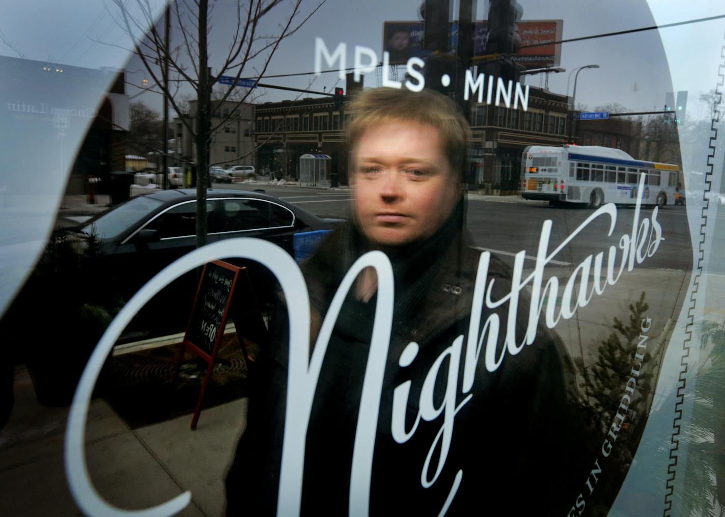 Chef Landon Schoenefeld outside his Nighthawks restaurant at 38th and Nicollet.