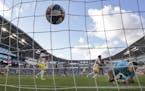 Santiago Moar (11) of New Mexico United shot the ball past Minnesota United goalkeeper Vito Mannone (1) for a goal in the first half.