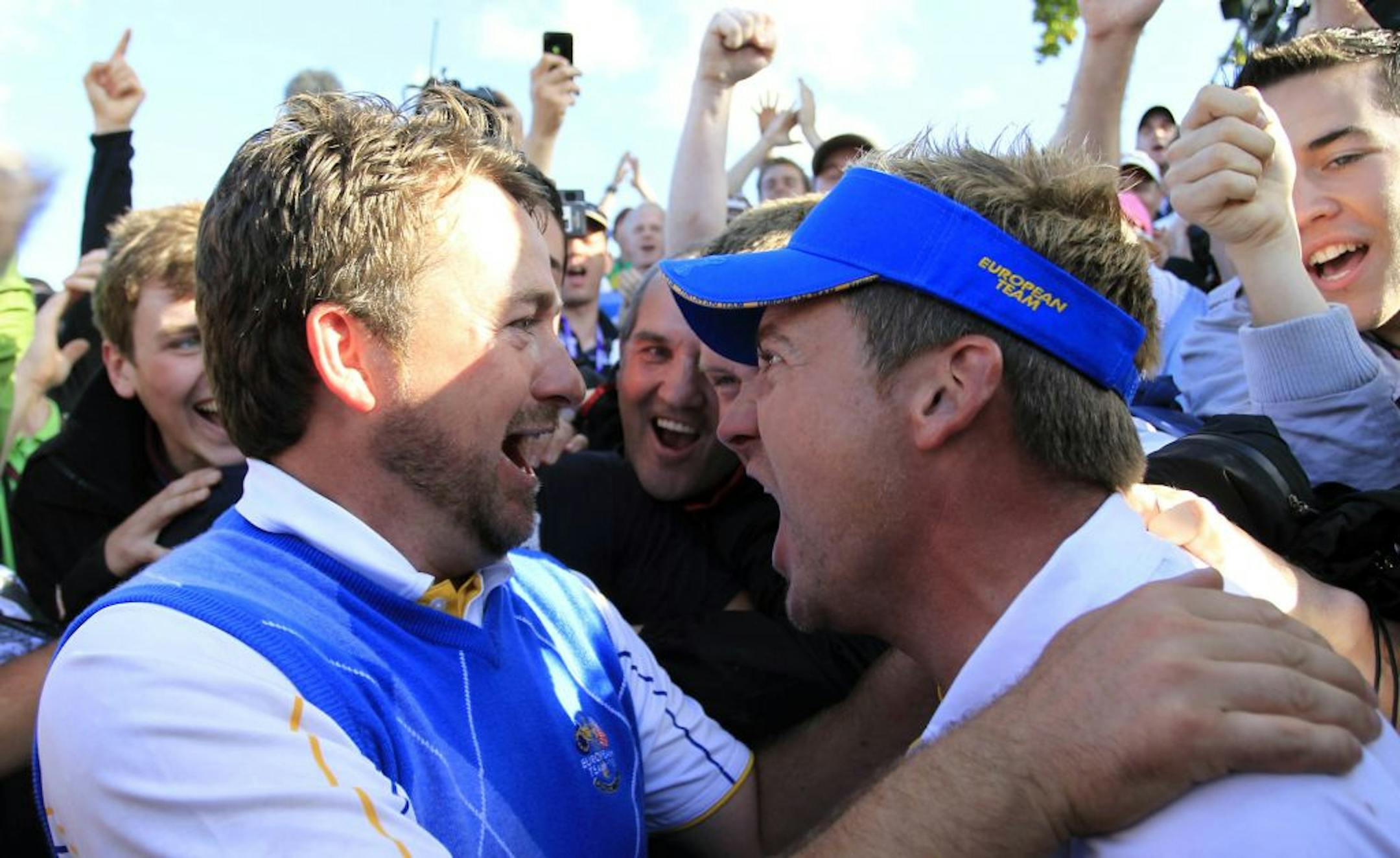 In this Oct. 4, 2010, file photo Europe's Graeme McDowell, left, and Ian Poulter celebrate winning the 2010 Ryder Cup.
