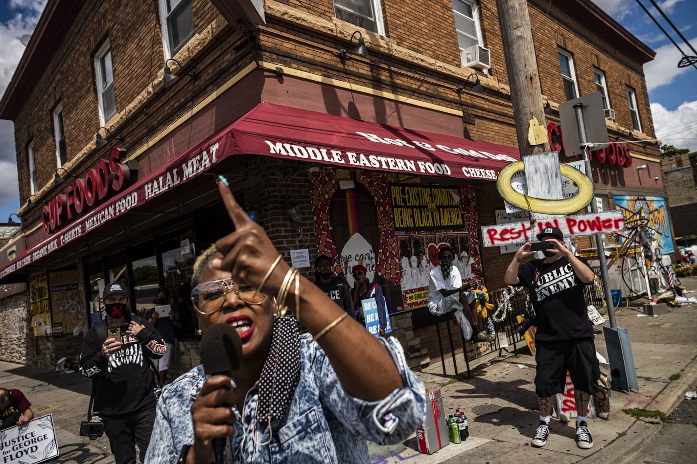 Activist Carmen Means voiced her opposition to the reopening of Cup Foods on Monday, Aug. 3. She wanted the store to stay closed while the community is still mourning.