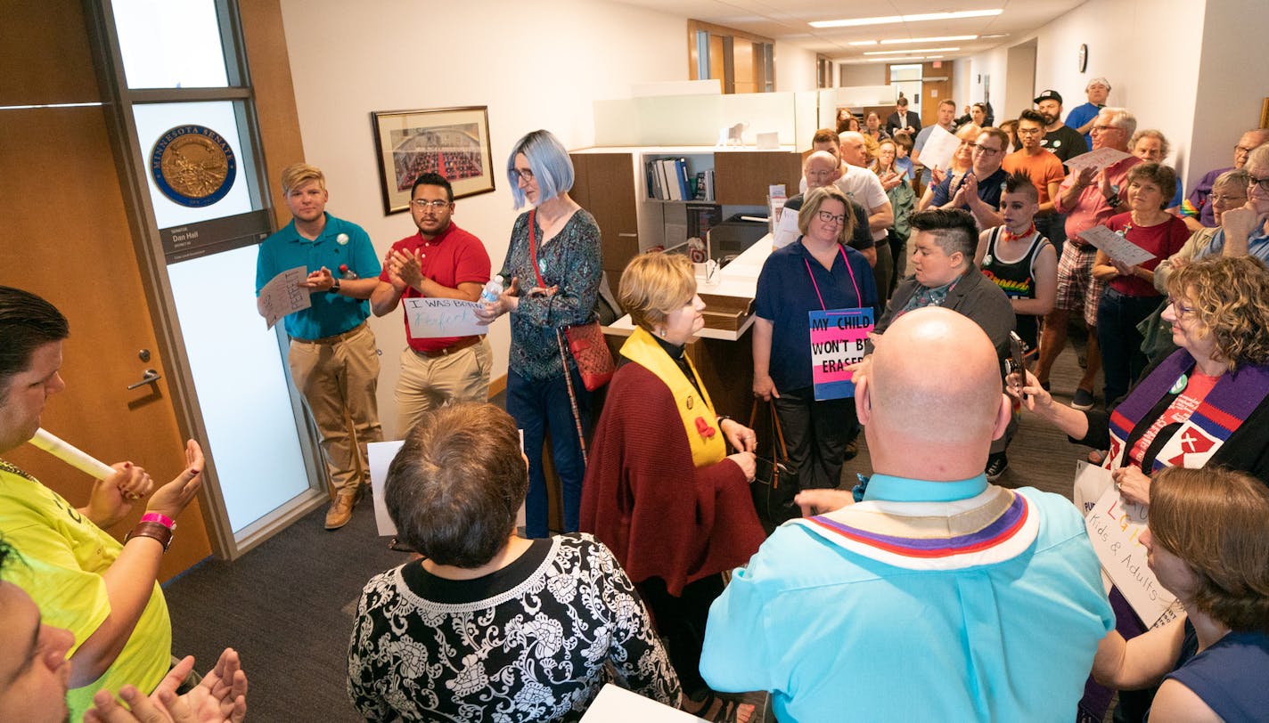 Members of OutFront Minnesota and conversion &#x201c;therapy&#x201d; survivors told their stories at a rally outside Senator Paul Gazelka's office. ] GLEN STUBBE &#x2022; glen.stubbe@startribune.com Wednesday, May 15, 2019 Conversion therapy ban language expected to come up in a budget committee discussion of a health and human services bill. It's expected to fail to make it in the bill, over a disagreement between Dems and Republicans over language Dems say essentially takes the teeth out of th