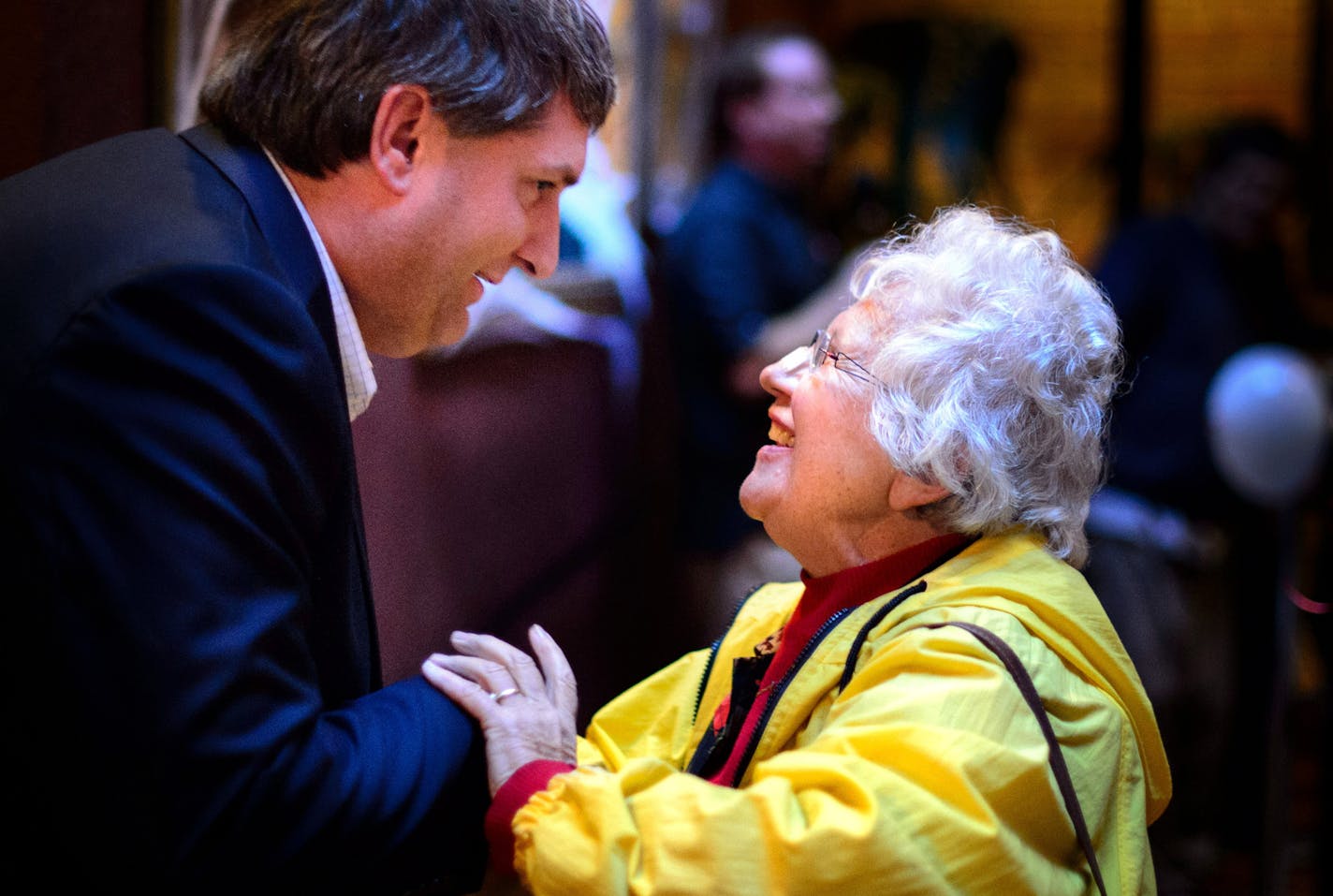 Rosella Dambowy of St. Joseph warmly greeted Torry Westrom after he spoke to a crowd gathered at a happy hour sponsored by Dan &#x201c;Ox&#x201d; Ochsner, host of KNSI&#x2019;s Ox in the Afternoon. ] GLEN STUBBE * gstubbe@startribune.com Tuesday, October 28, 2014 State Senator Torrey Westrom campaigned for U.S. Representative in Minnesota's 7th congressional district in his race against incumbent Rep. Collin Peterson. EDS, Rosella Dambowy is cq