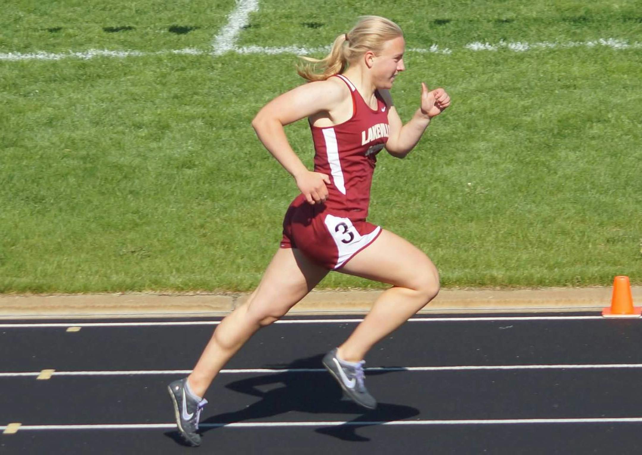Lakeville South senior Kacy Rodamaker sprints to the finish line during a meet last year.