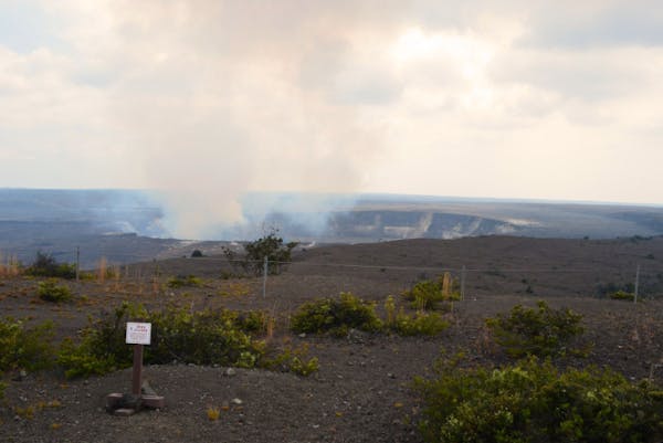 The volcano caldera at Volcanoes National Park on Hawaii still smolders.