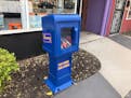 The Free Blockbuster video sharing box outside of Heroic Goods and Games in Minneapolis.