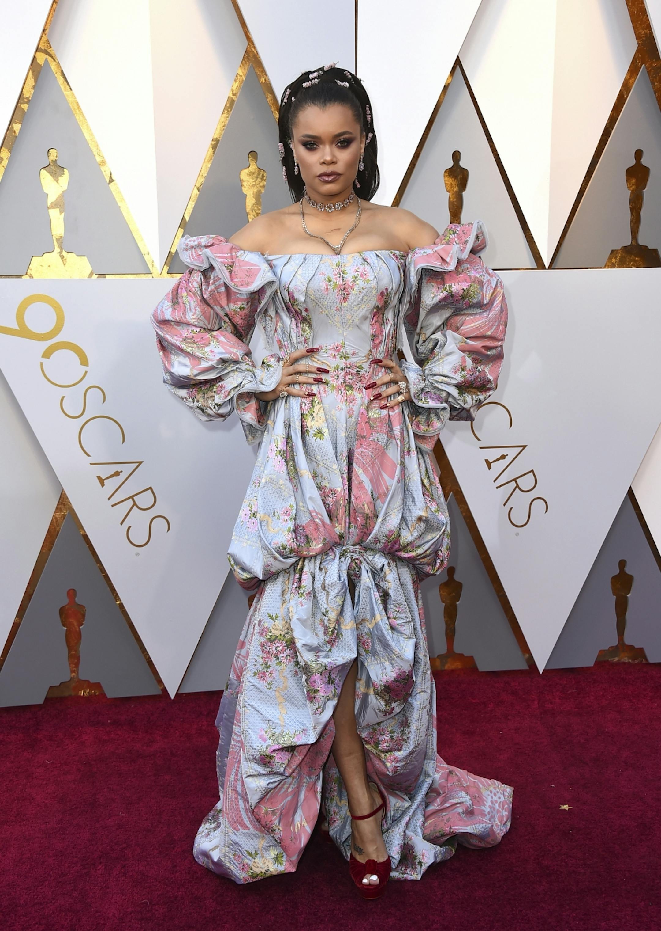 Andra Day arrives at the Oscars on Sunday, March 4, 2018, at the Dolby Theatre in Los Angeles.