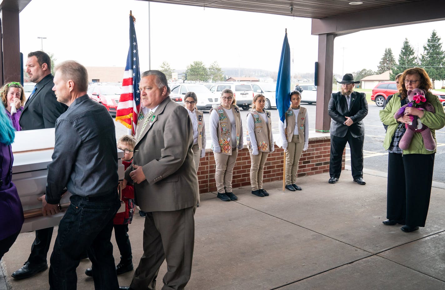 Family members of Sara Jo Schneider and her daughter Haylee Hickle carried the single casket containing both mother and daughter from the Chippewa Valley Bible Church after the service.Woman holding stuffed animal on the right of casket is Judy Schneider, mother of Sara Schneider, and grandmother to Haylee Hickle. ] GLEN STUBBE &#x2022; glen.stubbe@startribune.com Thursday, November 8, 2018 The community of Chippewa Falls gathers as one Thursday to mourn and remember three Girl Scouts and a moth