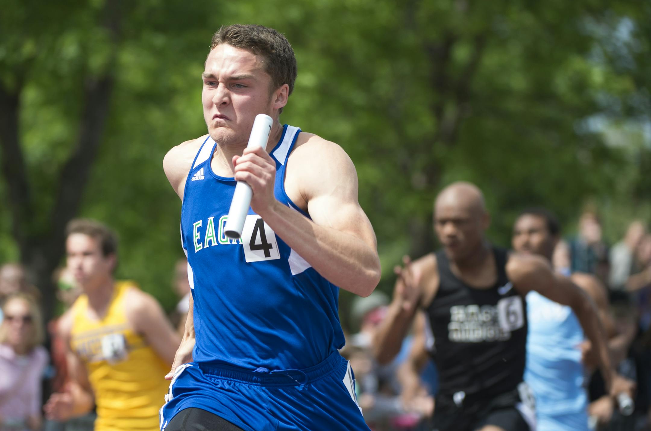 Eagan's Sam Zenner anchored his team’s Class 2A and all-time record-breaking race in the 4x100 meter relay Saturday with a time of 41.52 seconds. He also took the 100-meters with a time of 10.83. (Aaron Lavinsky, Star Tribune)