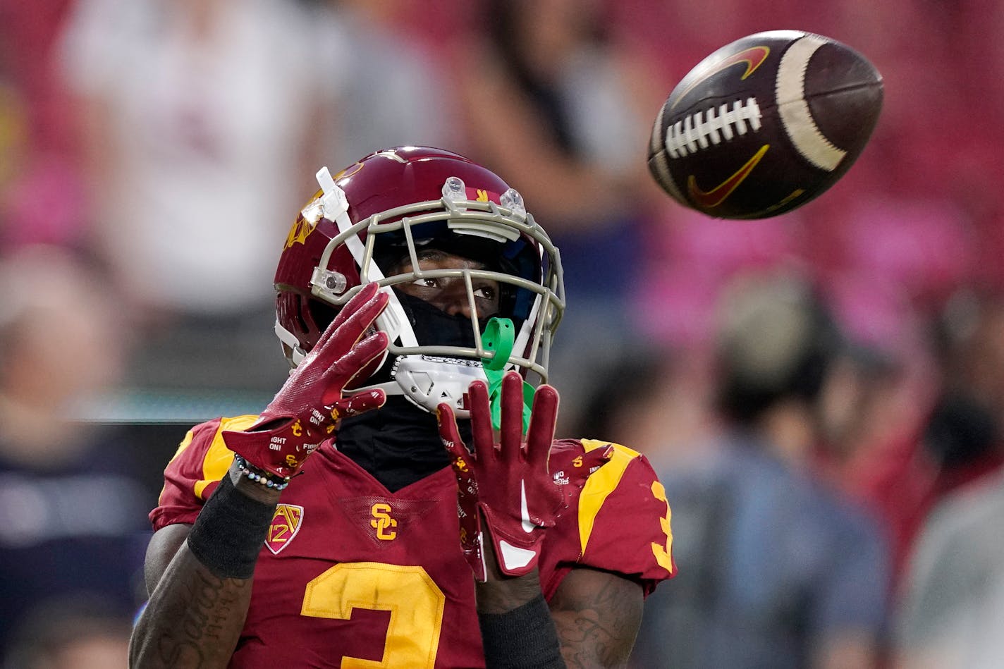 Southern California wide receiver Jordan Addison catches a pass during warmups prior to an NCAA college football game against Fresno State Saturday, Sept. 17, 2022, in Los Angeles. (AP Photo/Mark J. Terrill)