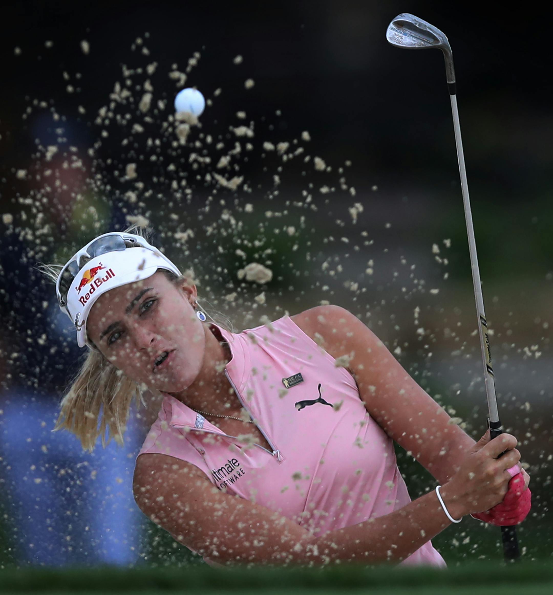 Lexi Thompson hits out of the bunker at 15 during the second round of the KPMG Women's PGA Championship at Hazeltine National Golf Club Friday June 21 2019 in Chaska, MN.] Jerry Holt &#x2022; Jerry.holt@startribune.com
