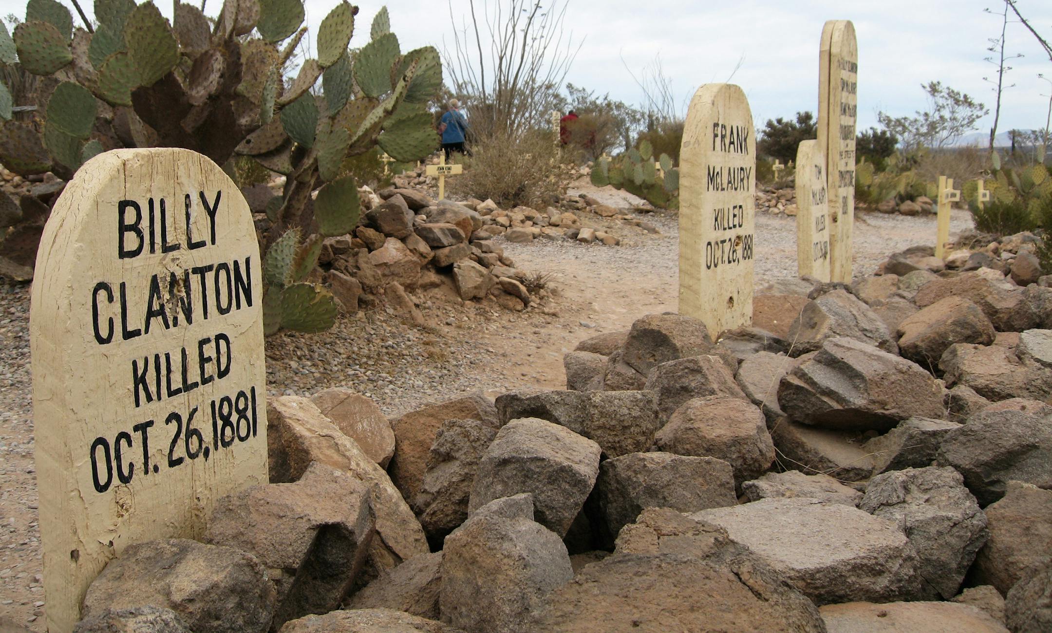 ** ADVANCE FOR USE IN WEEKEND EDITIONS OF MAY 21-22, 2011 AND THEREAFTER ** This Saturday, Feb. 26, 2011 picture shows the graves of O.K. Corral gunfight casualties Billy Clanton, and brothers Frank and Tom McLaury, in the Boothill Graveyard on the outskirts of Tombstone, Ariz. While popular culture has tended to lionize the badge-wearing Earps, two new books on the West's most famous gunfight suggest there were no clear-cut "good guys" and "bad guys" on Oct. 26, 1881. (AP Photo/Allen Breed)