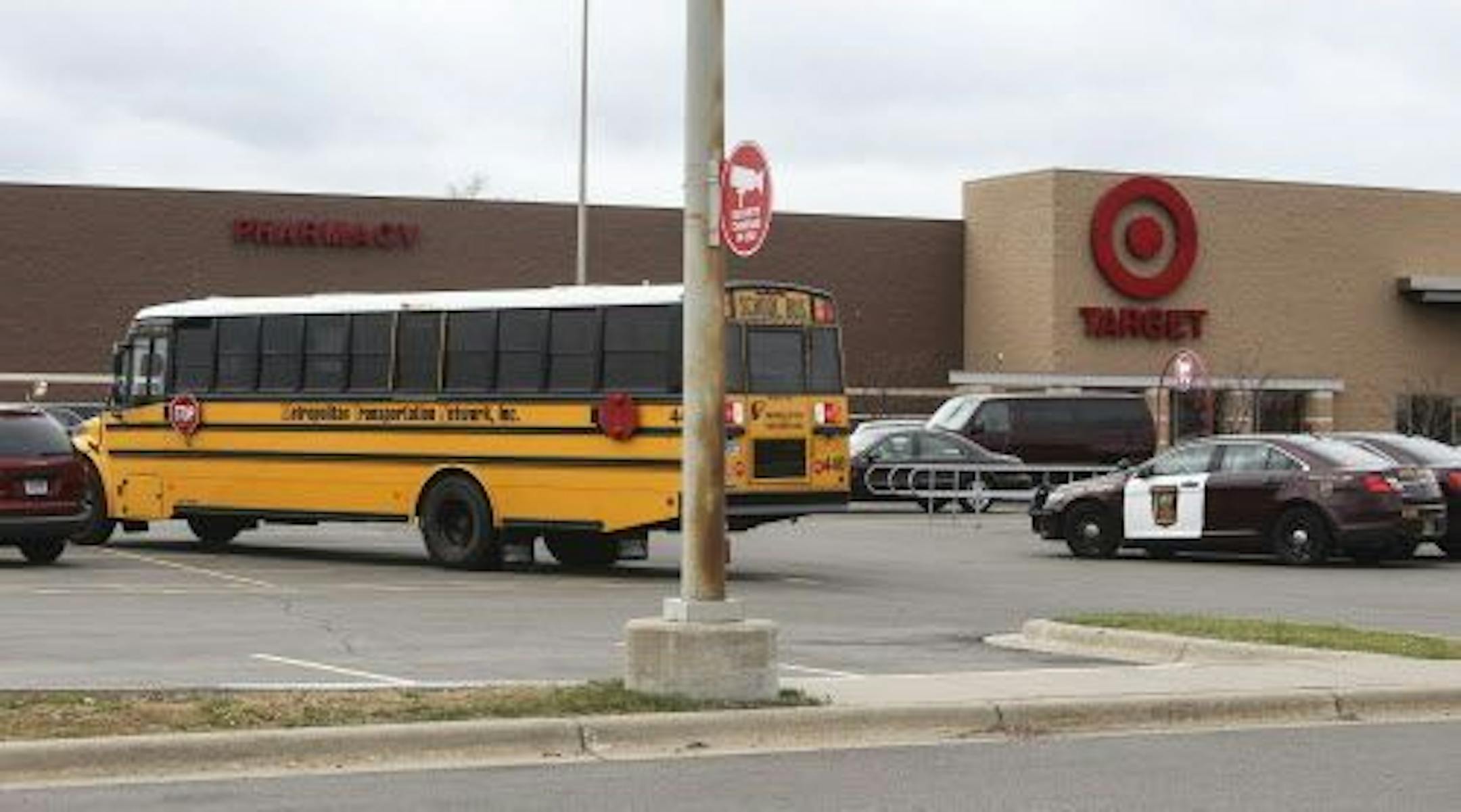 A school bus whose driver got lost with kids aboard is parked in a Target parking lot Tuesday, Oct. 28, in Crystal.