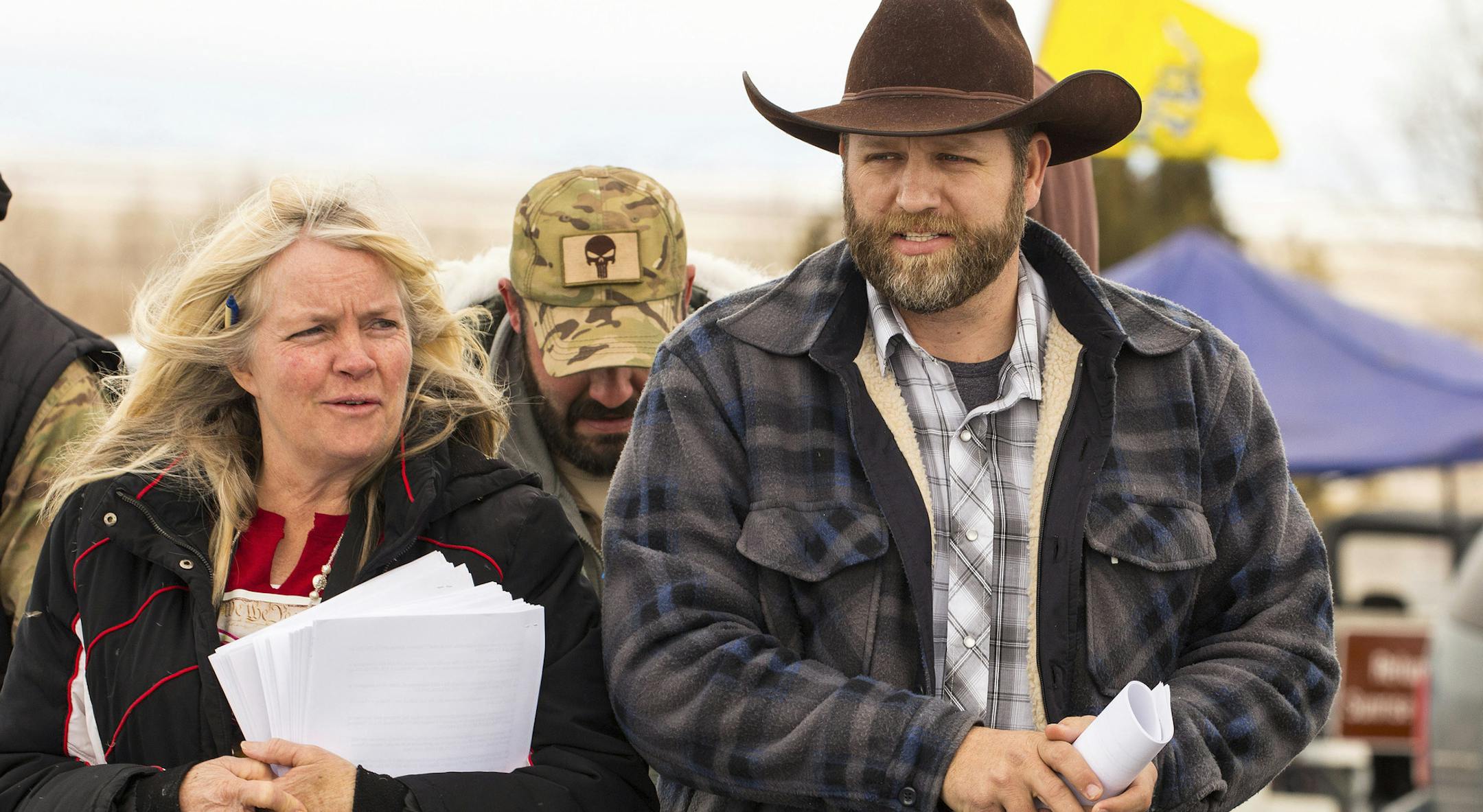 FILE -- Ammon Bundy, one of the leaders of the occupation of the Malheur National Wildlife Refuge, arrives for a news conference near Burns, Ore., Jan. 13, 2016. Bundy was arrested and one was person was killed Tuesday night, Jan. 26, 2016, in rural Oregon, the F.B.I. and the Oregon State Police said. (Ruth Fremson/The New York Times)