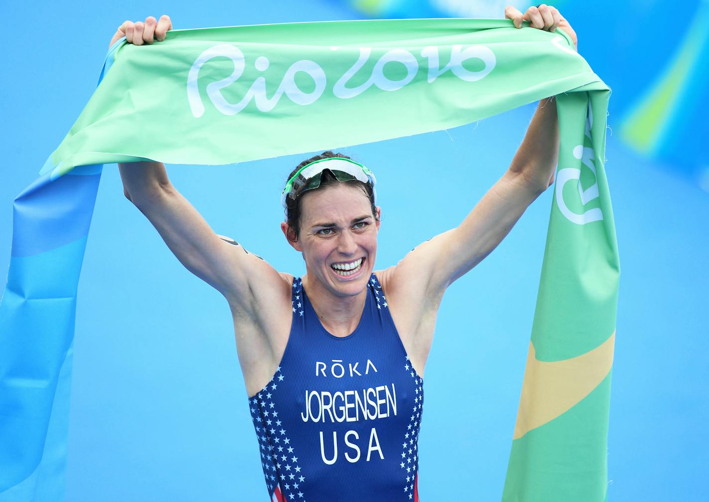 Gwen Jorgensen wins gold for the United States in the women's traithlon on Aug. 20, 2016 in Rio De Janeiro, Brazil.