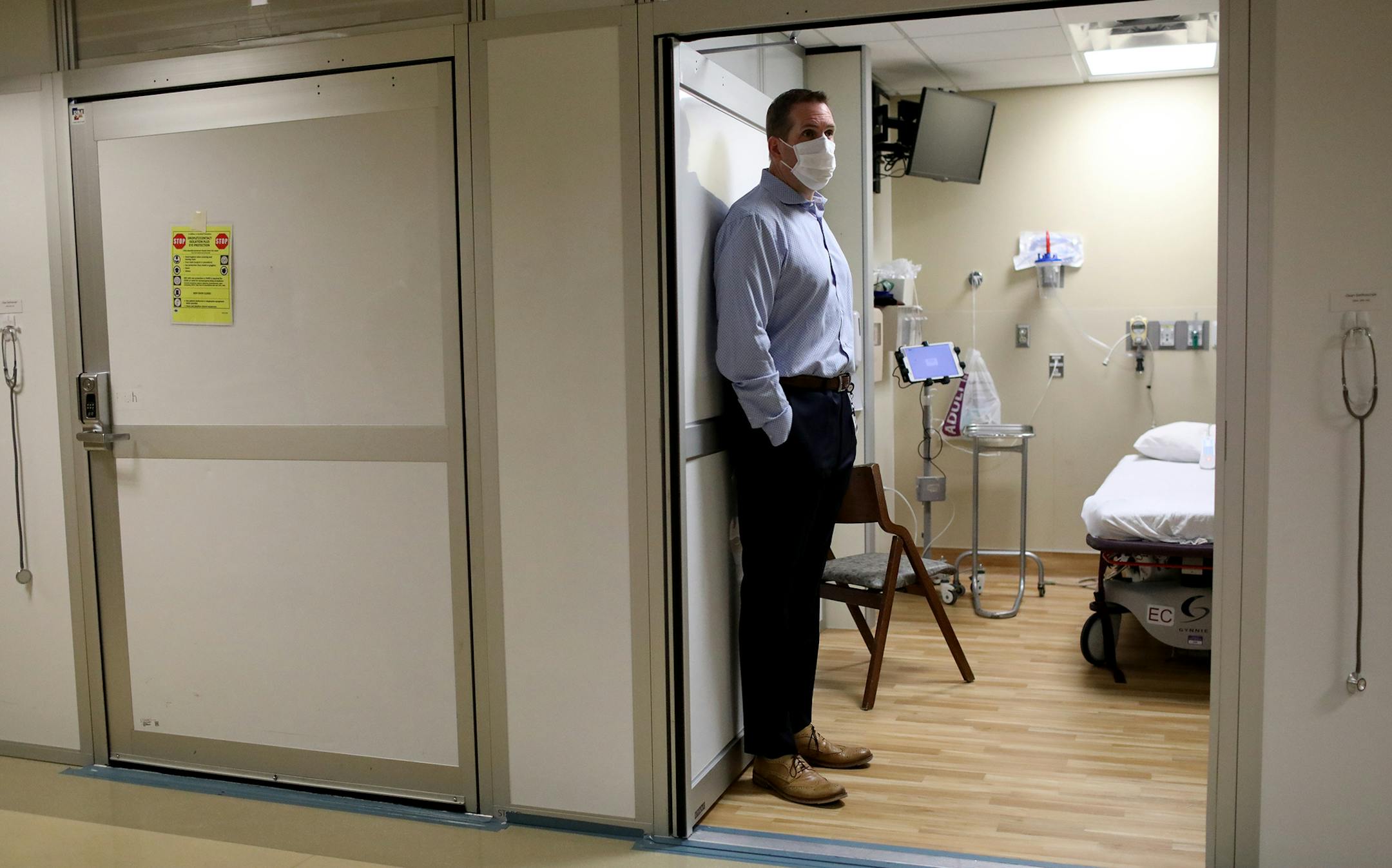 Brent Walters, MD, critical care and emergency medicine physician, in a patient room during a Park Nicollet Methodist Hospital COVID-19 Emergency Room tour Thursday, June 4, 2020, in St. Louis Park, MN.] DAVID JOLES • david.joles@startribune.com Hospitals are urging people with medical emergencies to go to the ER again, but will anyone actually go? We're visiting hospital emergency departments in the Twin Cities this week to get a first-hand look at the infection-control measures in place to kee