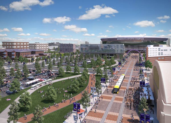A conceptual drawing of a new Vikings stadium in Minneapolis on a game day.