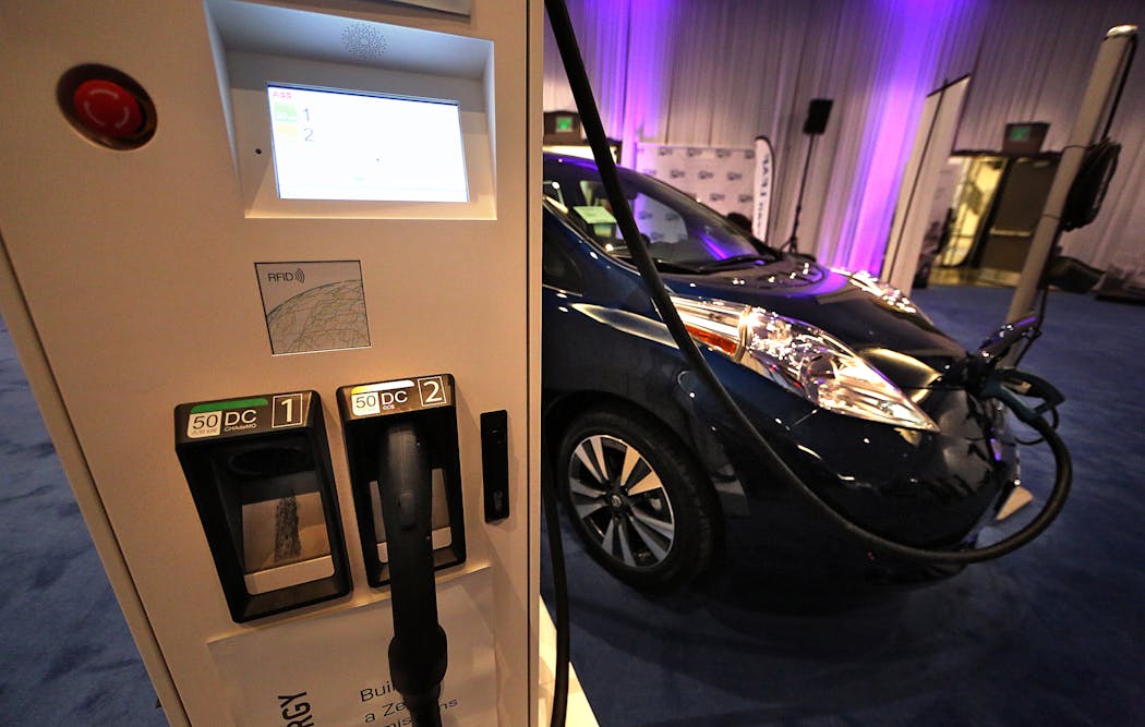 The Nissan LEAF was among the electric automobiles on display in the Electric Room at the Twin Cities Auto Show in 2016.